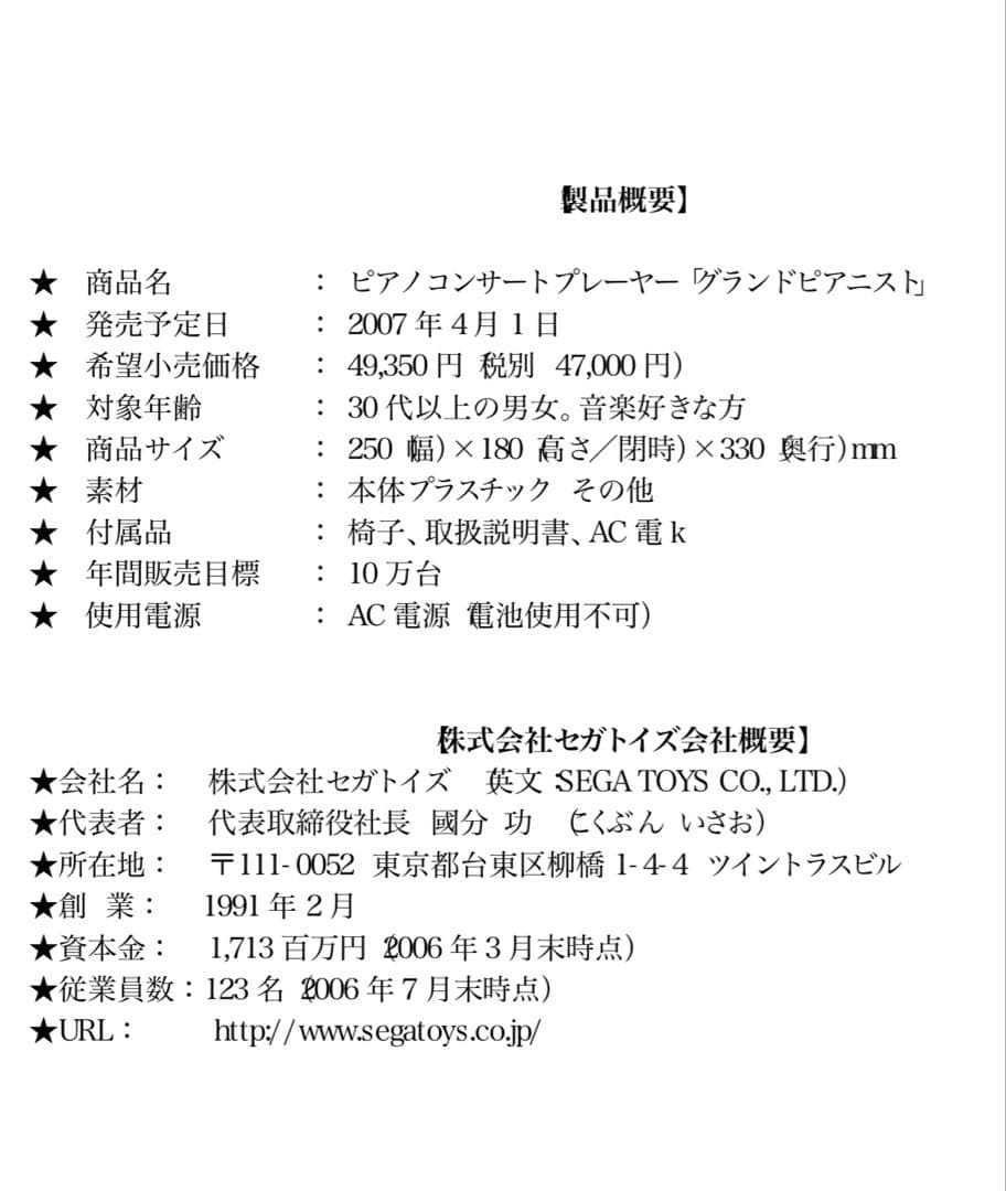 セガトイズグランドピアニスト　未使用箱無し屋根の片側蝶番が折れています。