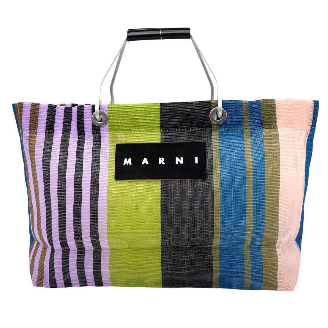 美品 マルニ フラワーカフェ ストライプ トートバッグ マルチカラー　ナイロン