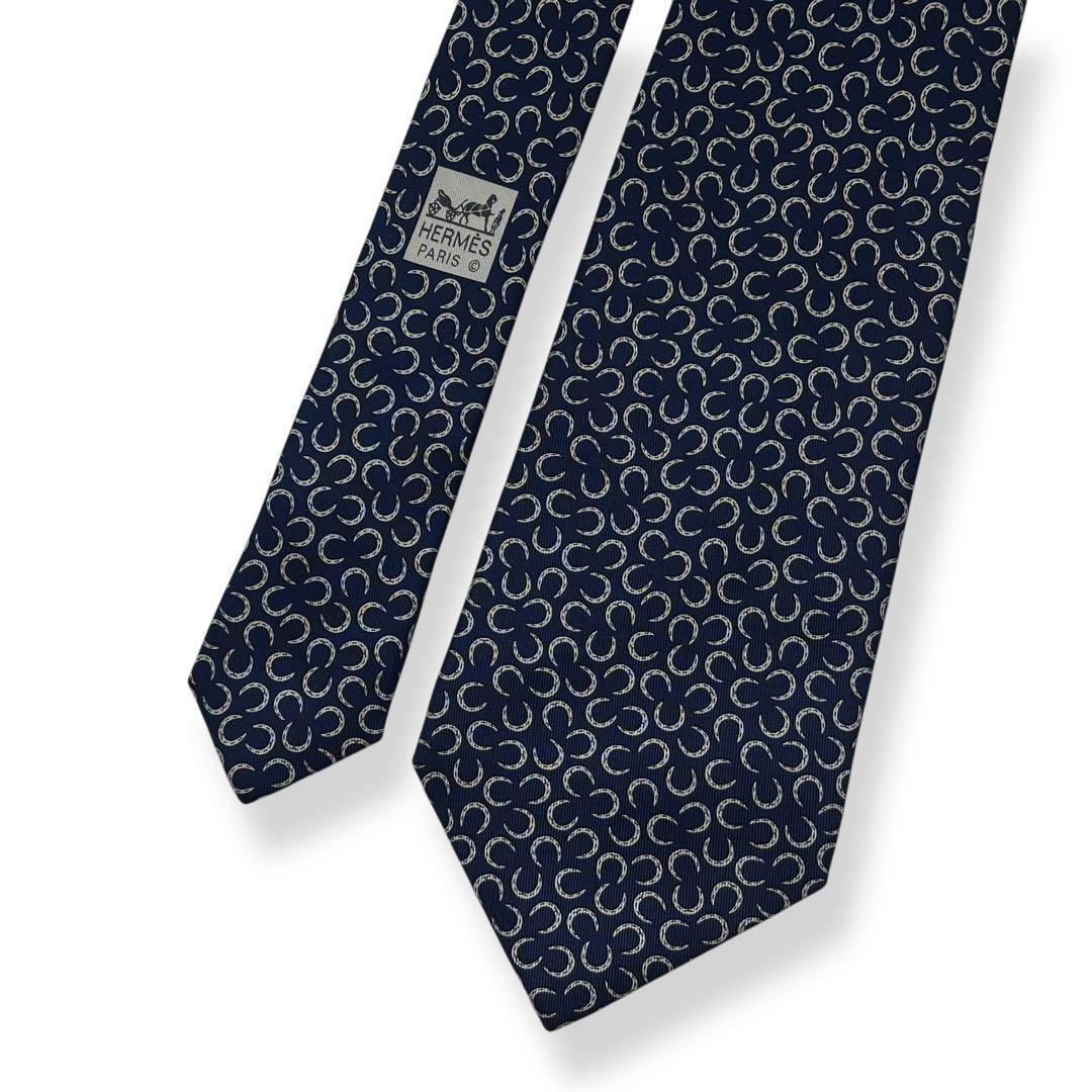 美品✨HERMES ネクタイ　エルメス　ホースシューズ　馬蹄　ネイビー　【C】