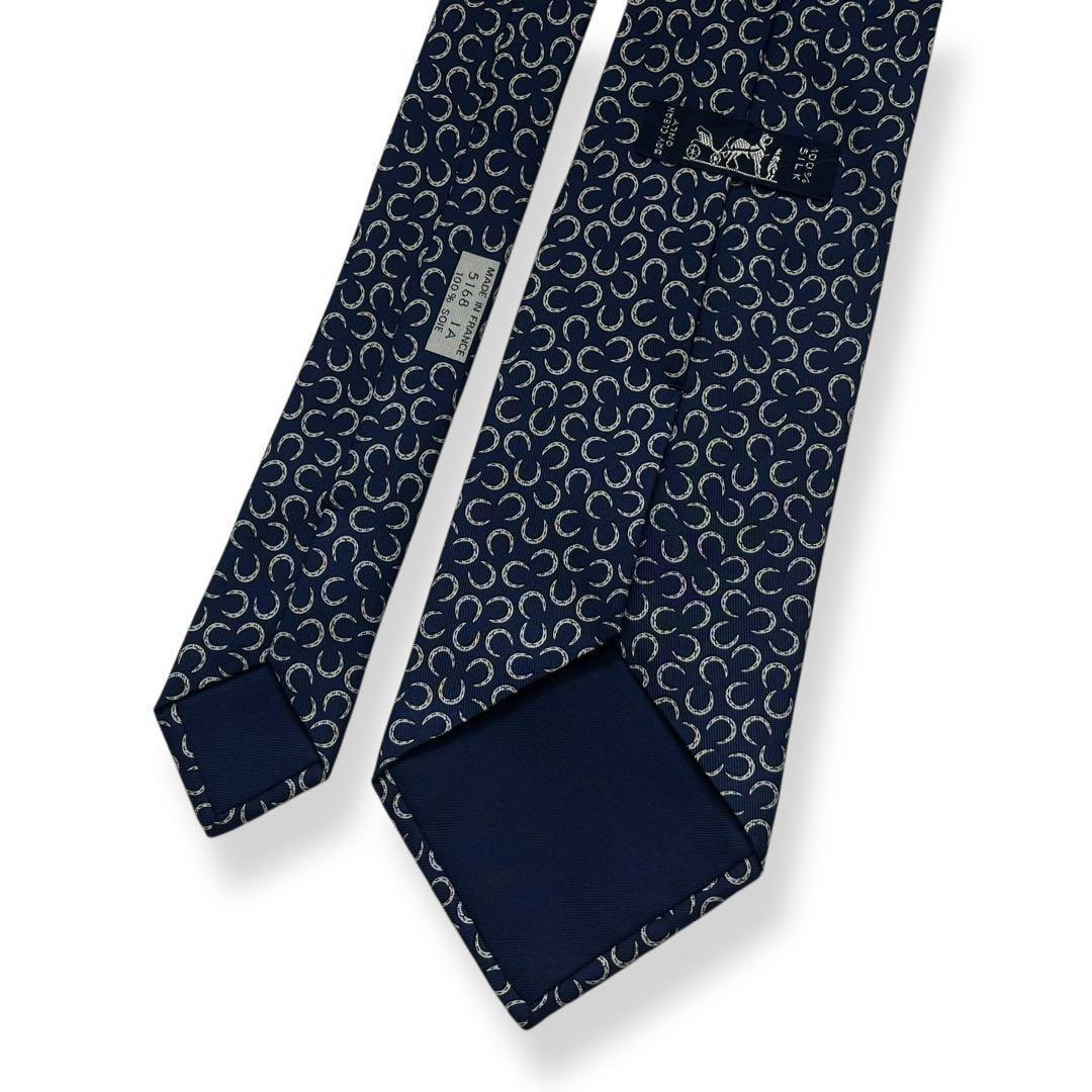 美品✨HERMES ネクタイ　エルメス　ホースシューズ　馬蹄　ネイビー　【C】