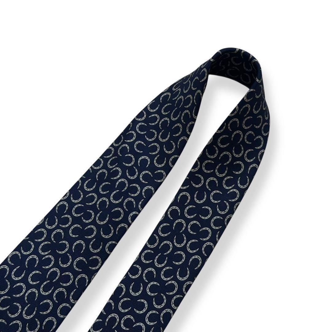 美品✨HERMES ネクタイ　エルメス　ホースシューズ　馬蹄　ネイビー　【C】