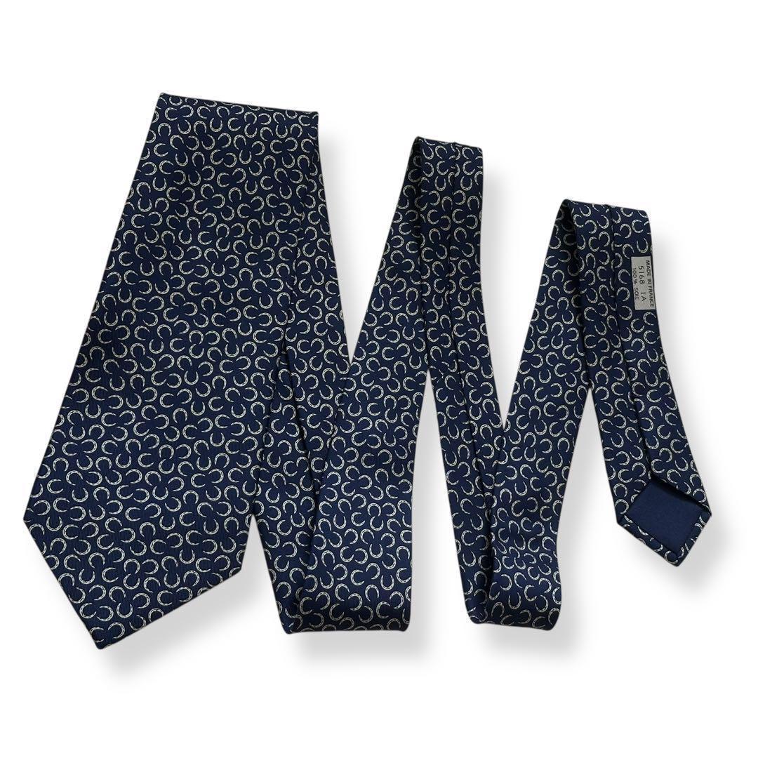 美品✨HERMES ネクタイ　エルメス　ホースシューズ　馬蹄　ネイビー　【C】