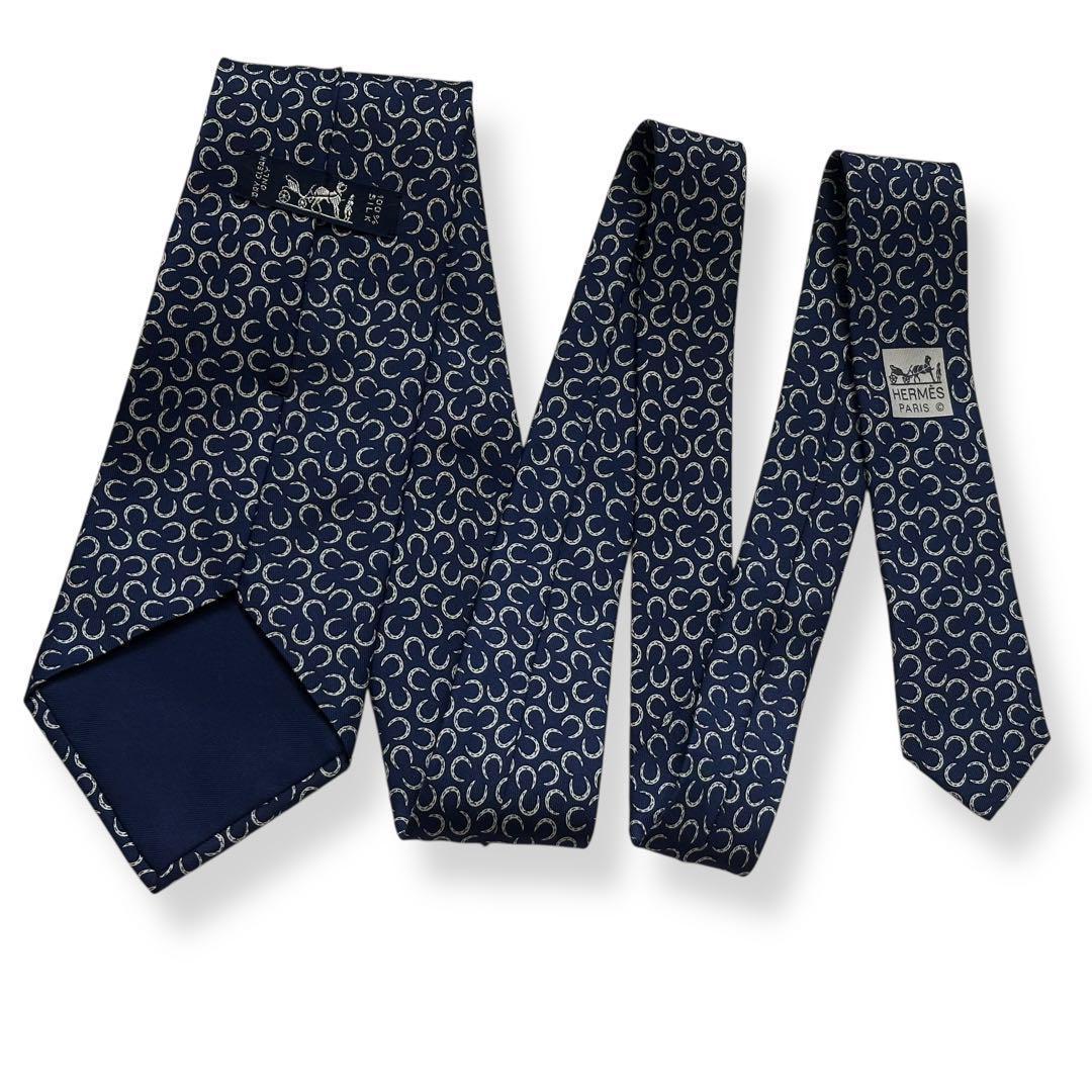 美品✨HERMES ネクタイ　エルメス　ホースシューズ　馬蹄　ネイビー　【C】