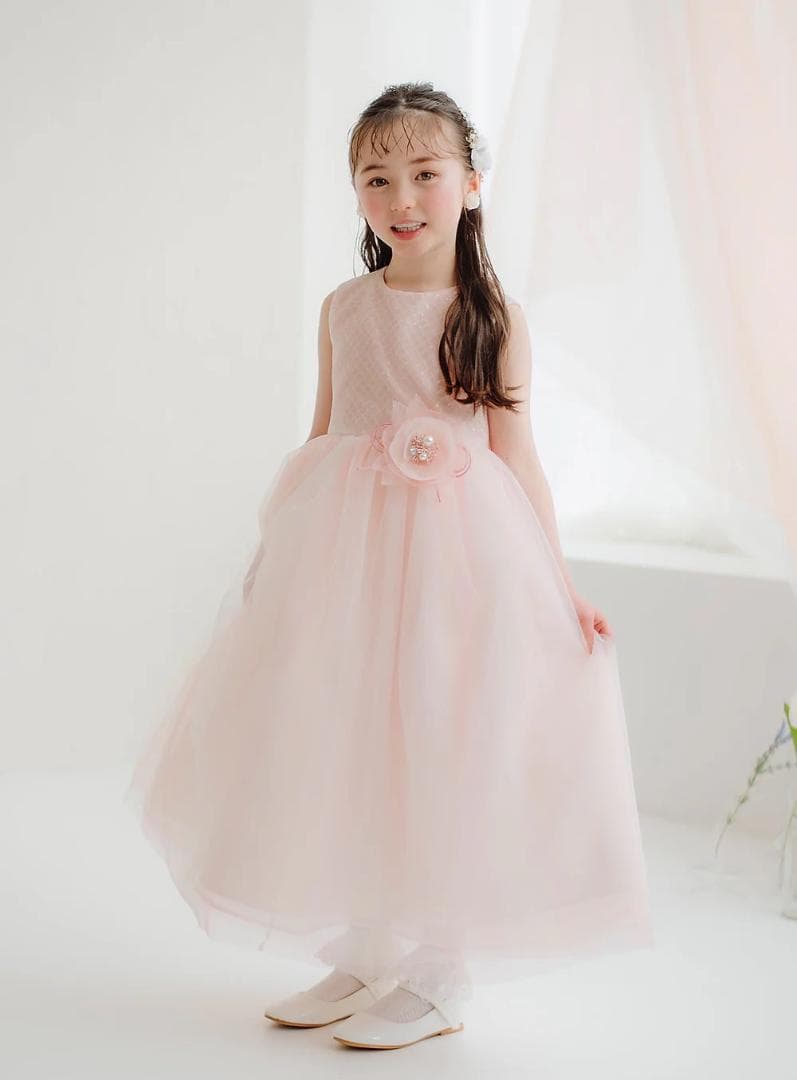 DRESCCO　ピーチピンクバイアスチェックスパンコールロングドレス　120