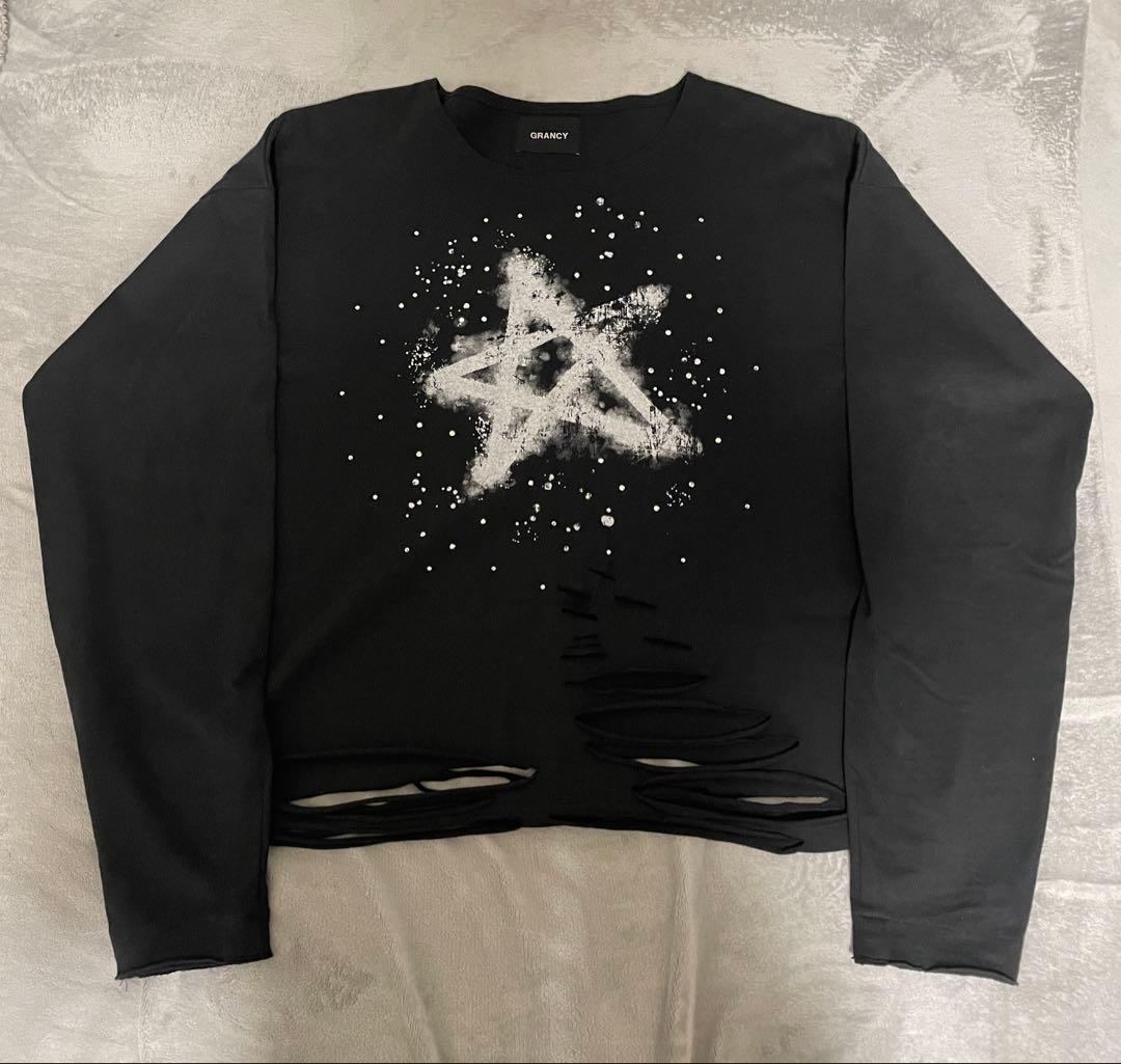 GRANCY ラインストーンデザイングラフィックダメージロンT　ブラック　M