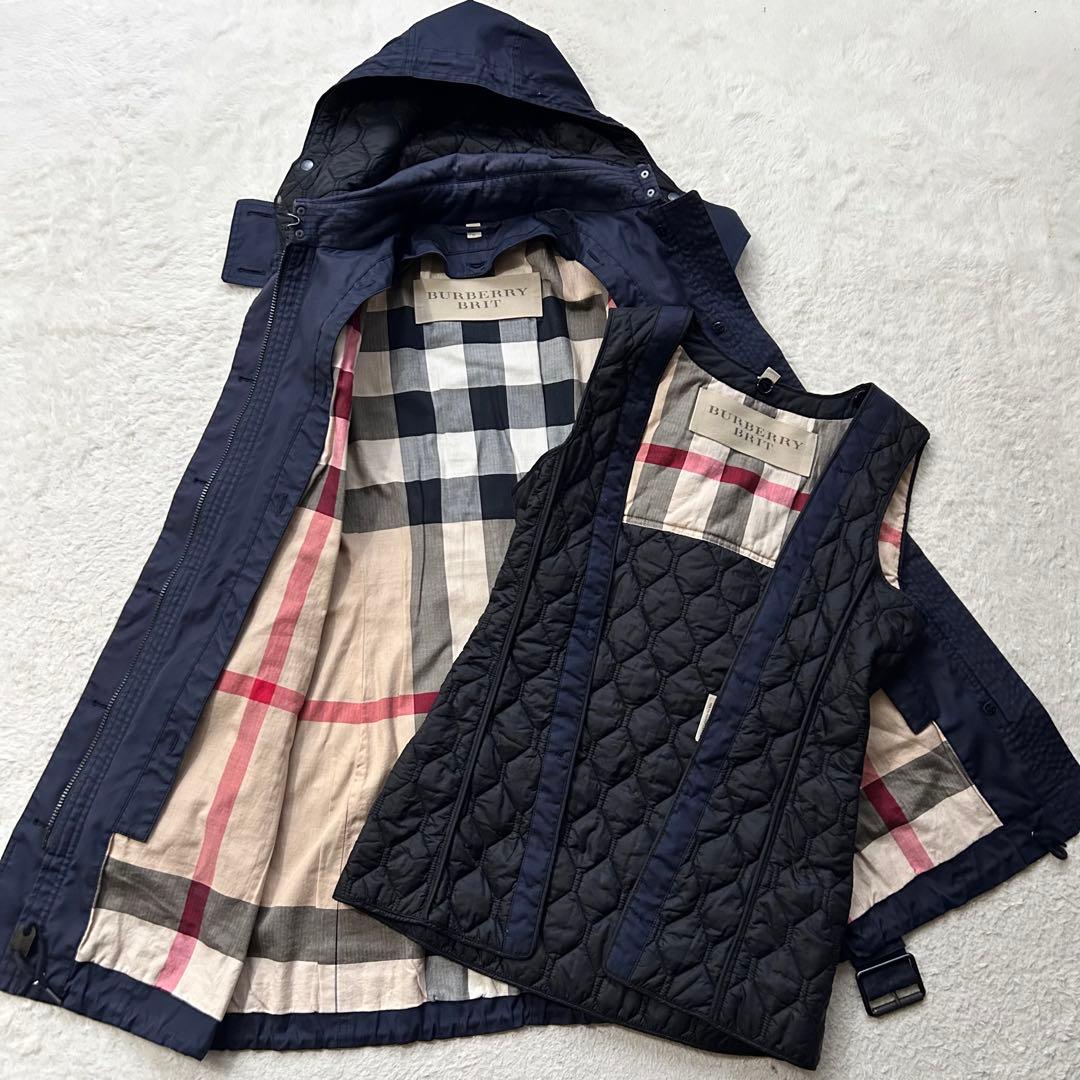 バーバリーブリット トレンチコート メガノバチェック ライナー 腰ベルト 紺 M