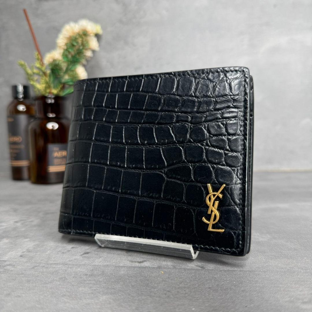 【極美品・RFID搭載】サンローラン クロコ型押し 折り財布 YSL タイニー
