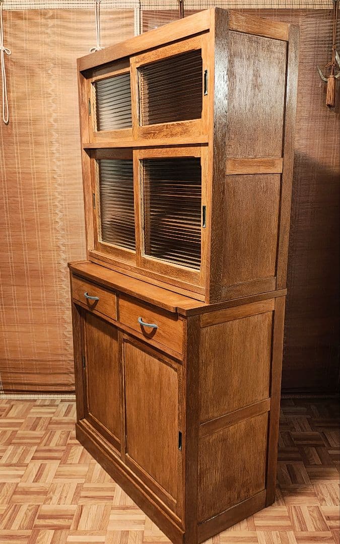 食器棚　ガラス戸棚　モールガラス　昭和レトロ　古家具