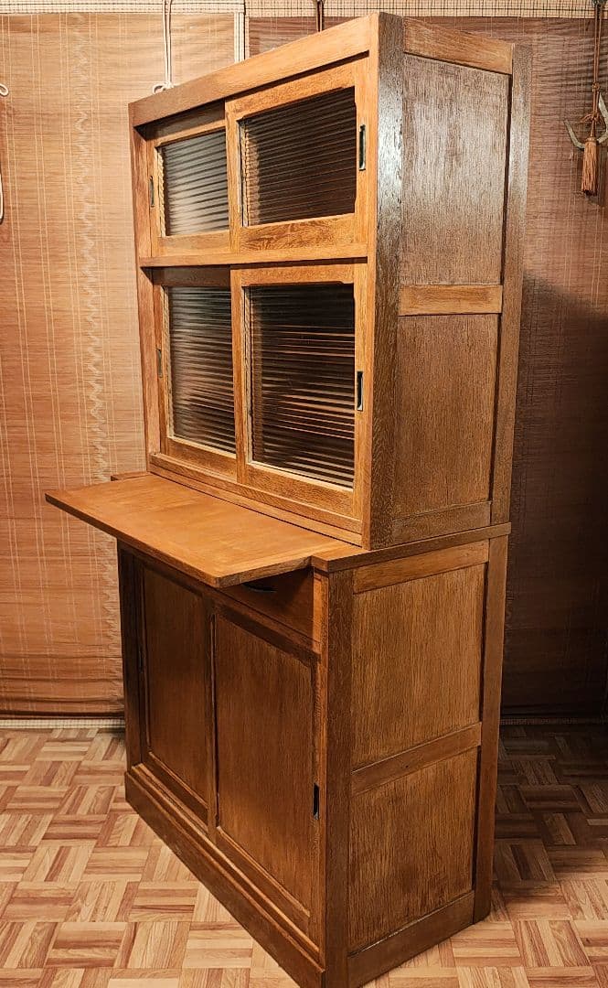 食器棚　ガラス戸棚　モールガラス　昭和レトロ　古家具