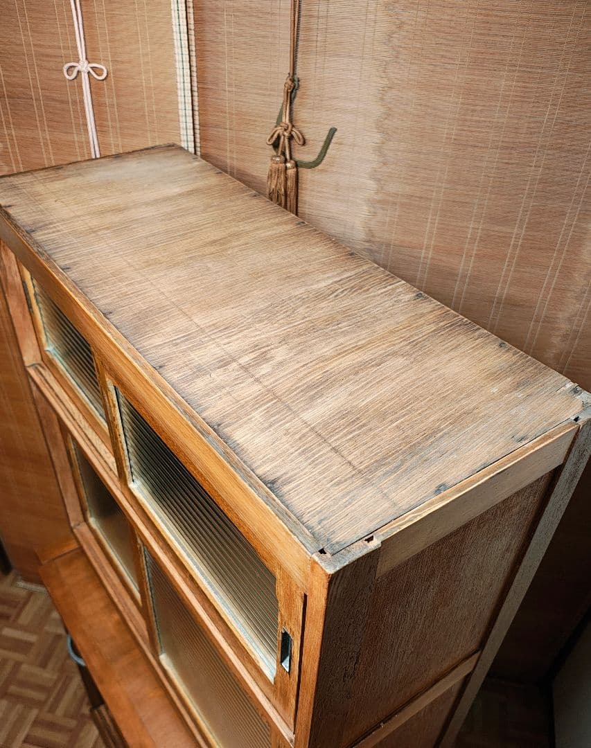 食器棚　ガラス戸棚　モールガラス　昭和レトロ　古家具