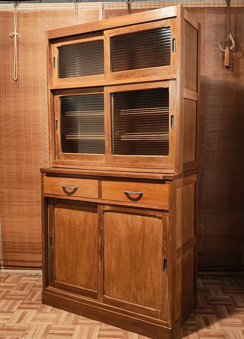 食器棚　ガラス戸棚　モールガラス　昭和レトロ　古家具