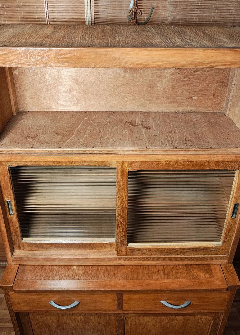 食器棚　ガラス戸棚　モールガラス　昭和レトロ　古家具