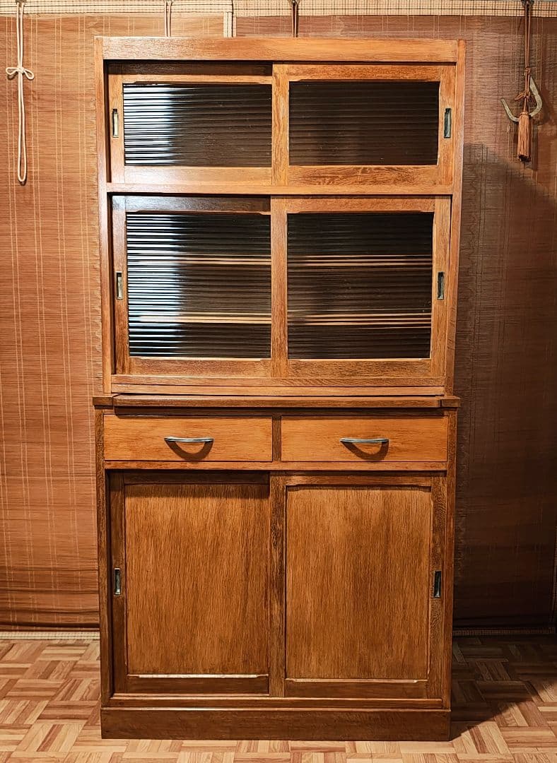 食器棚　ガラス戸棚　モールガラス　昭和レトロ　古家具