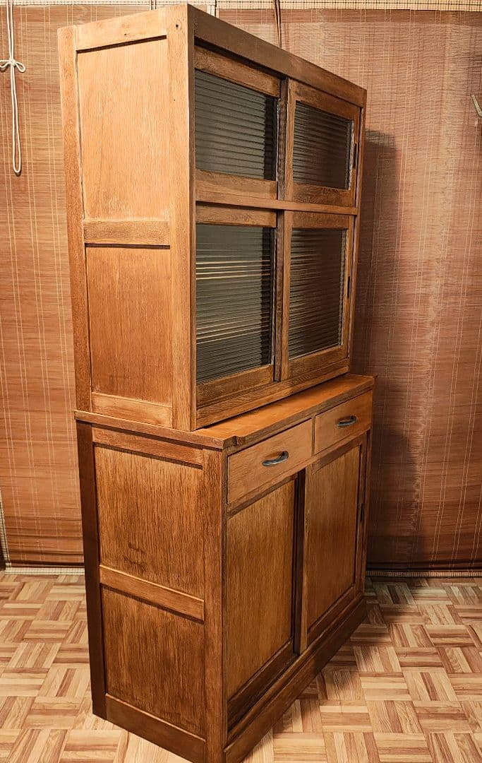 食器棚　ガラス戸棚　モールガラス　昭和レトロ　古家具