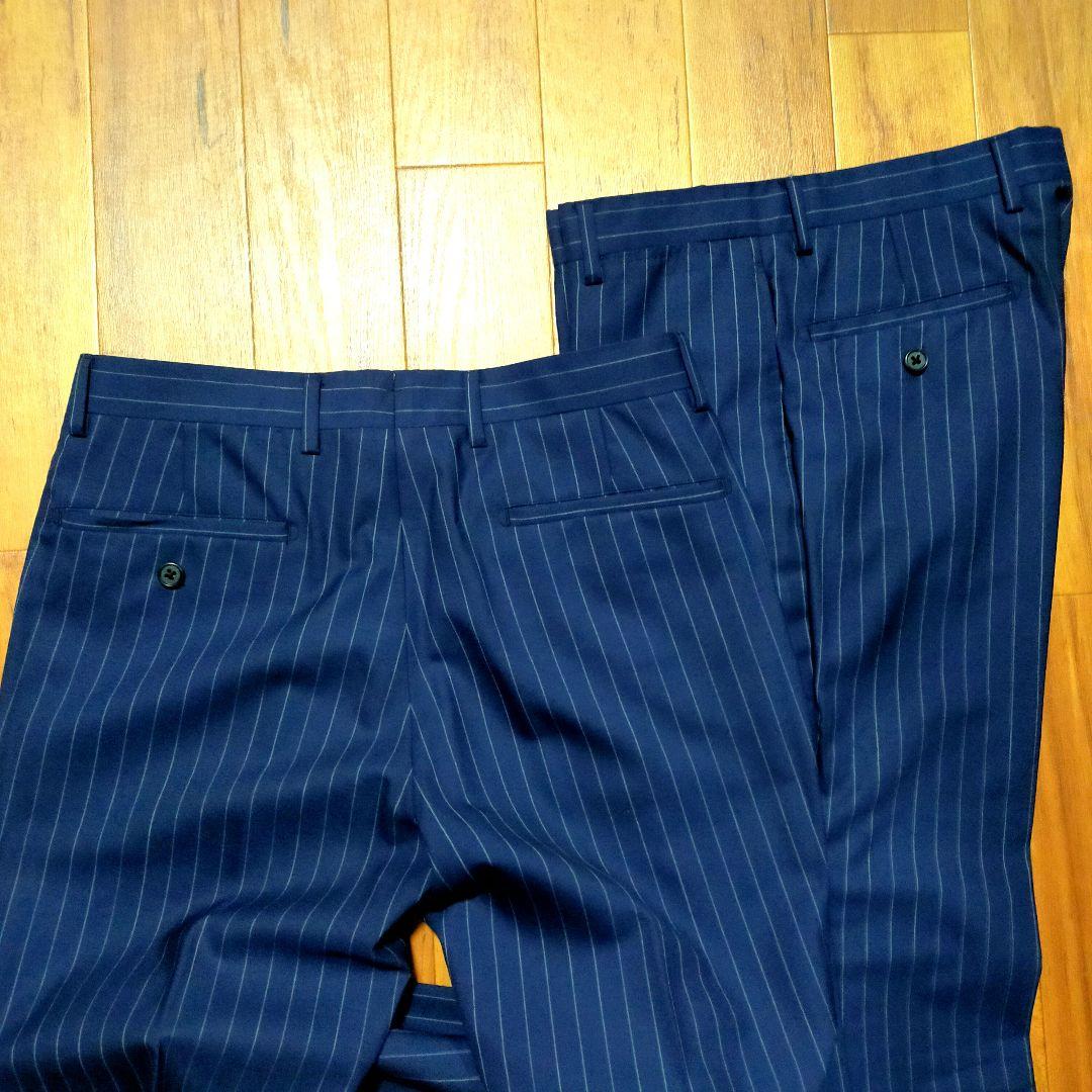冬物美品3点セット細身ネイビー ピンストライプ スーツジャケット+スラックス2本