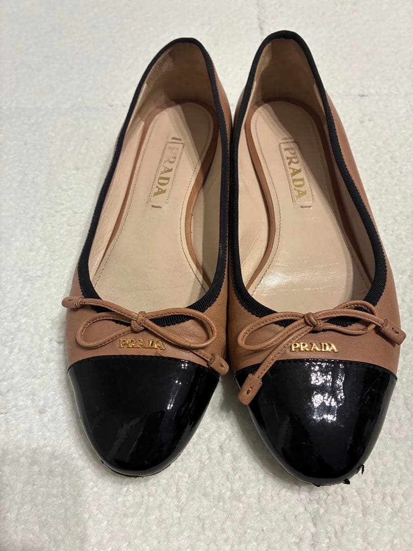 PRADA バイカラーリボンフラットシューズ
