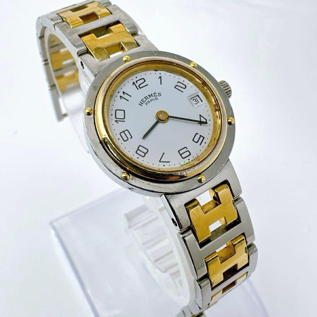稼働　エルメス HERMES 腕時計 クリッパー コンビ　 デイト Hベルト