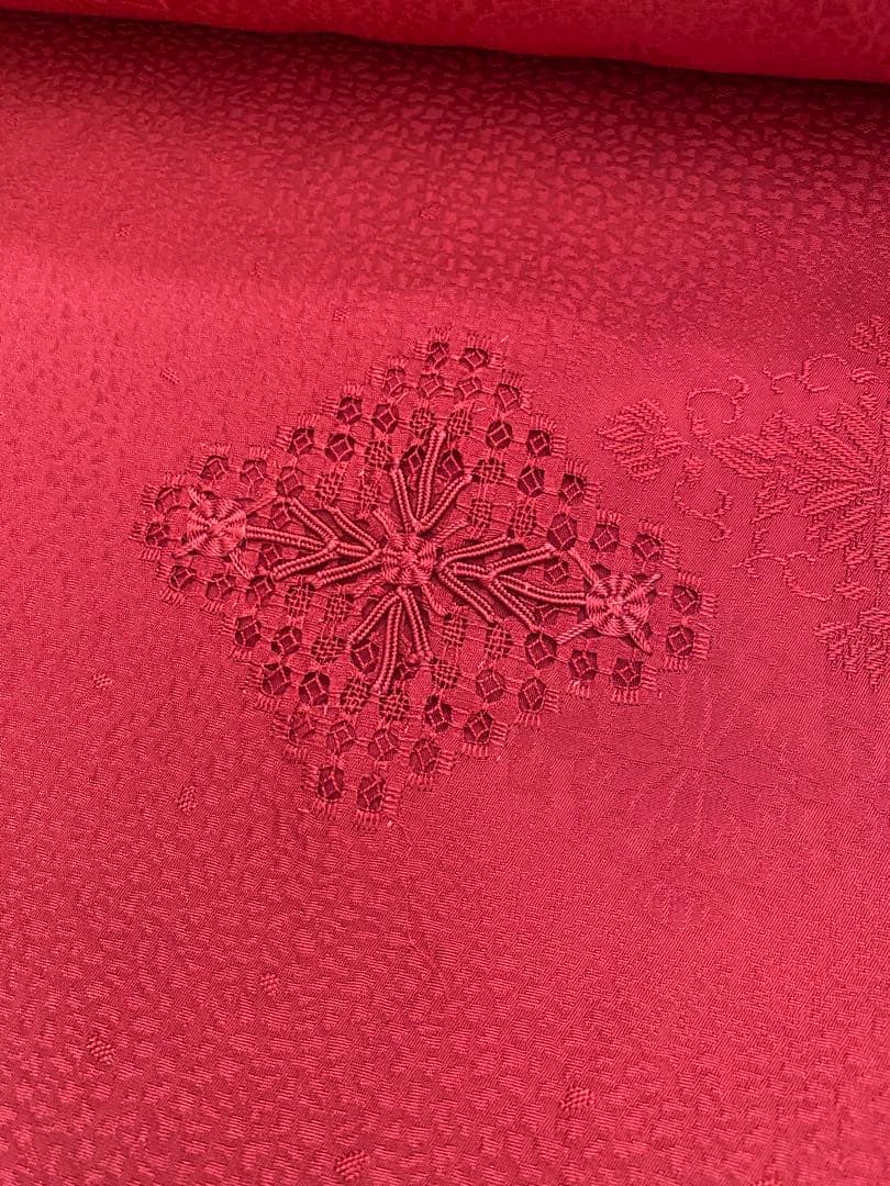 反物　絹　刺繍　着物　赤　赤丹色 未仕立て　リメイク/i020