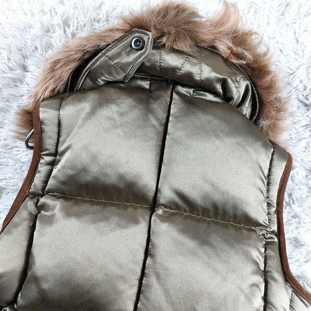 ラルフローレン 襟ファー レザー スエード切替え ダウンベスト グリーンブラウン