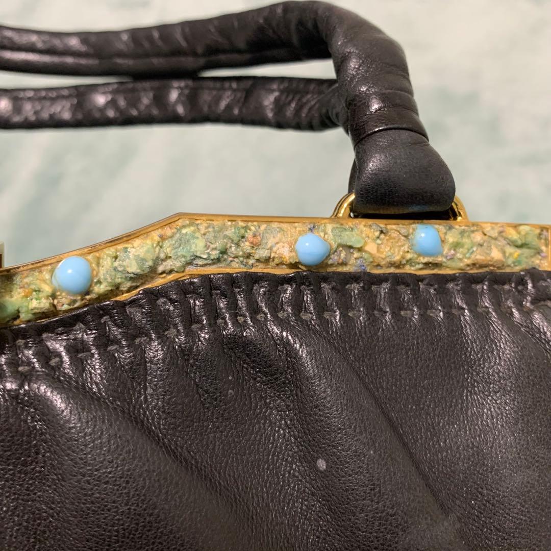 濱野 HAMANO ハマノ 天然石 ラムレザー ハンドバッグ ブラック 高級