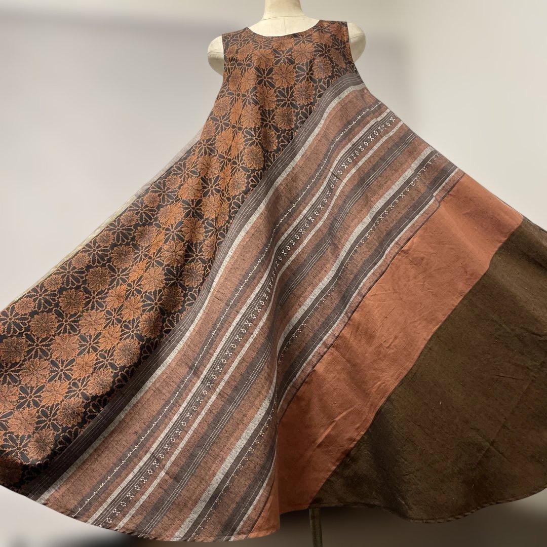 着物ワンピーステントラインマキシ丈《15》紬や大島紬等M〜L