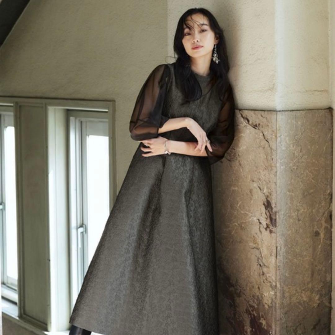 【美品】オケージョンドレス シースルー袖付きダークグレー