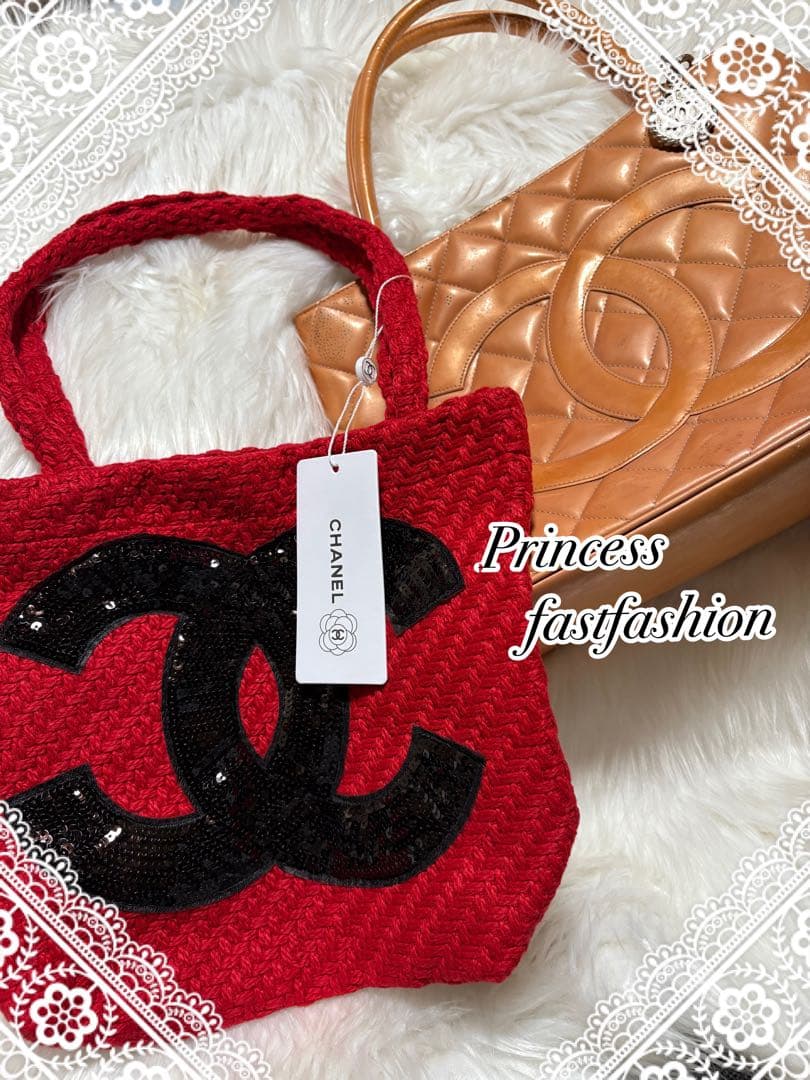 ら*ん様 シャネル CHANEL ニット編み レッド＆ブラック スパンコール ト