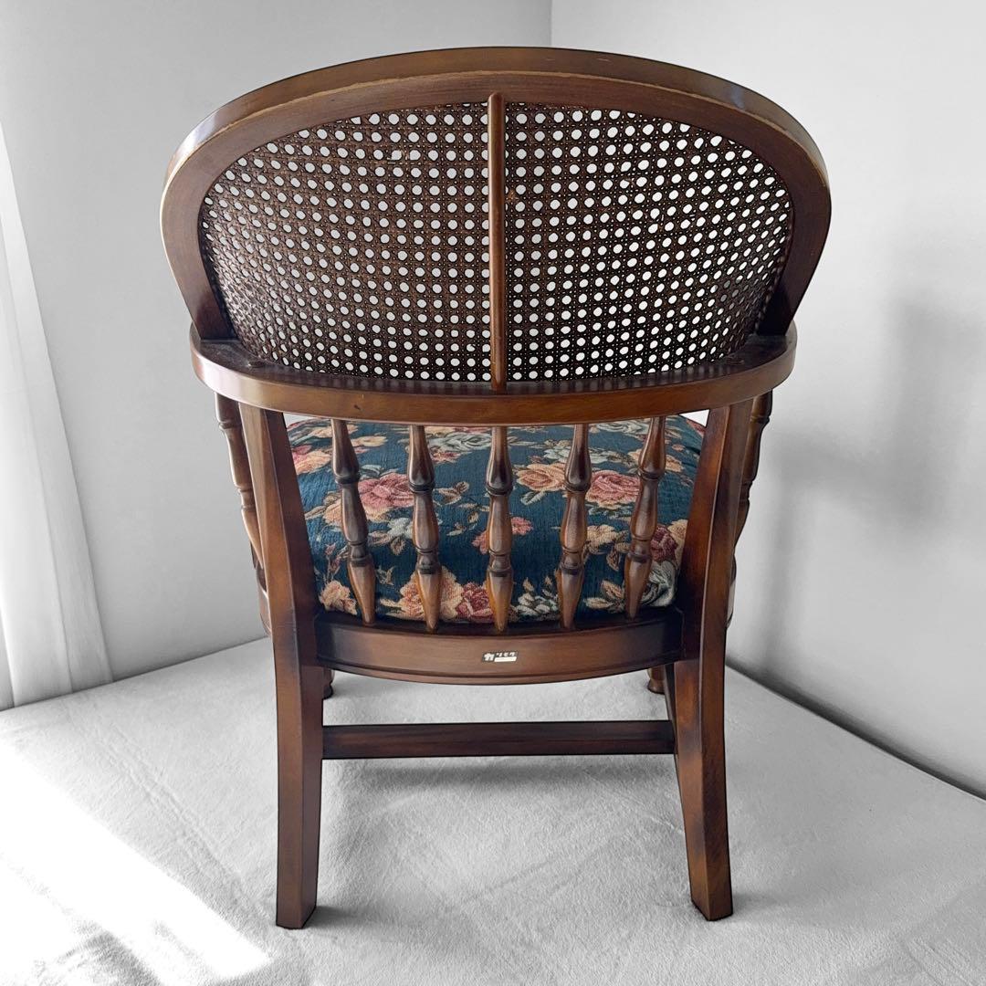 オールドカリモク コロニアル 花柄 ベロア ラタン アームチェア アンティーク