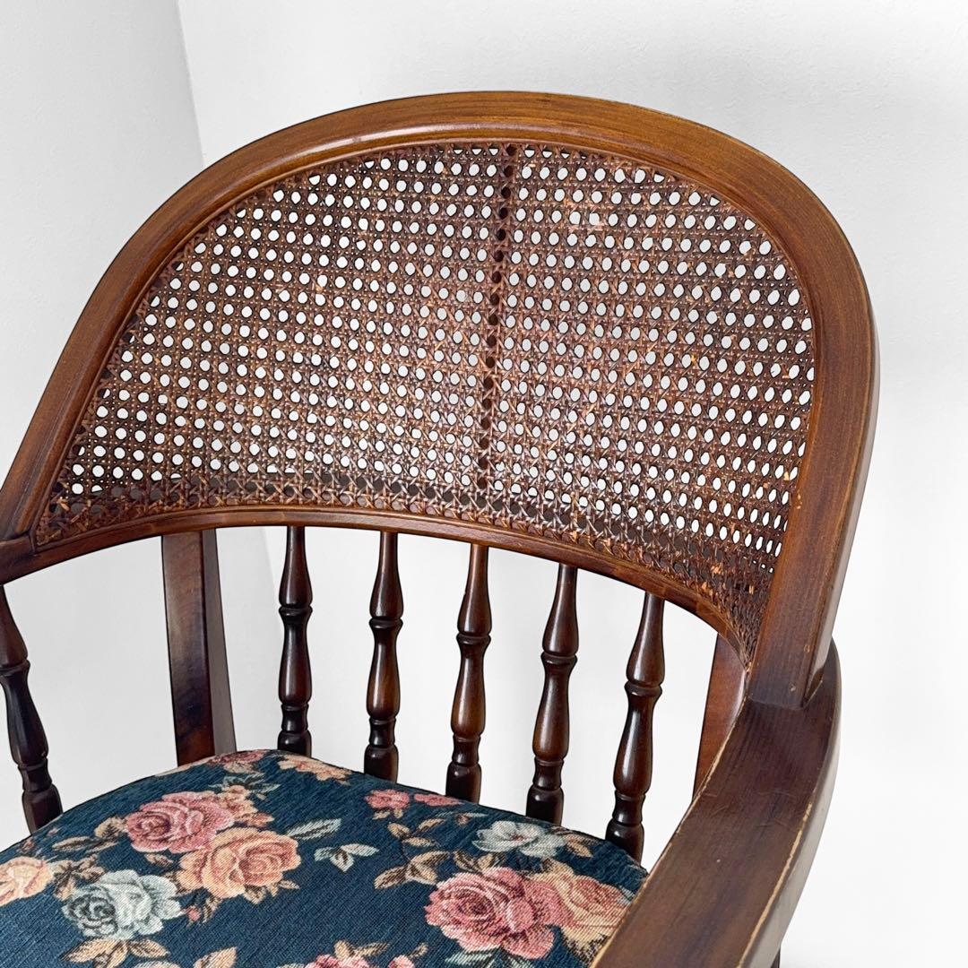 オールドカリモク コロニアル 花柄 ベロア ラタン アームチェア アンティーク