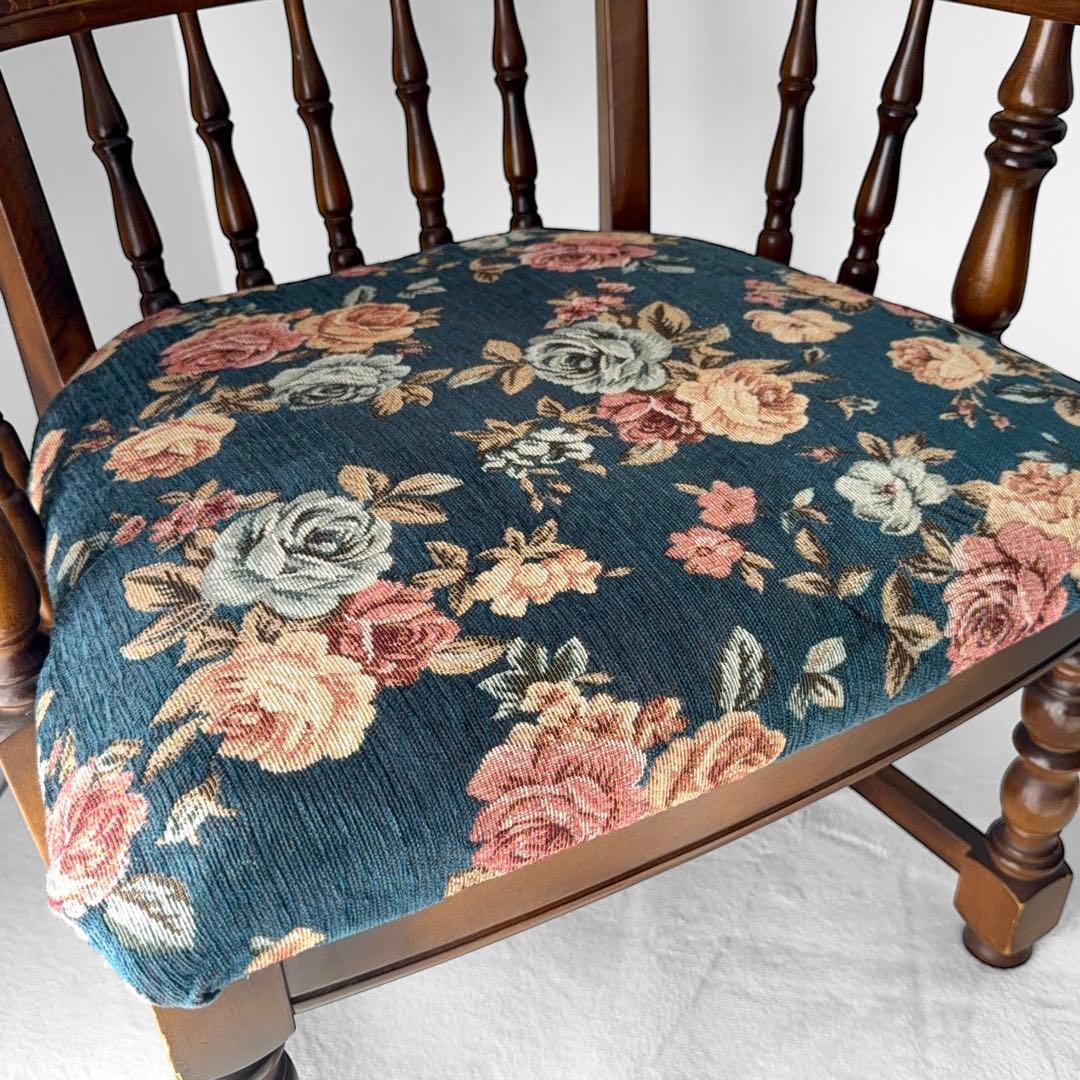 オールドカリモク コロニアル 花柄 ベロア ラタン アームチェア アンティーク