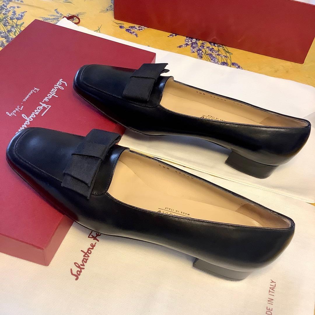 新品! フェラガモ リボンバレリーナ ブラック 極上カーフ 23.5㎝