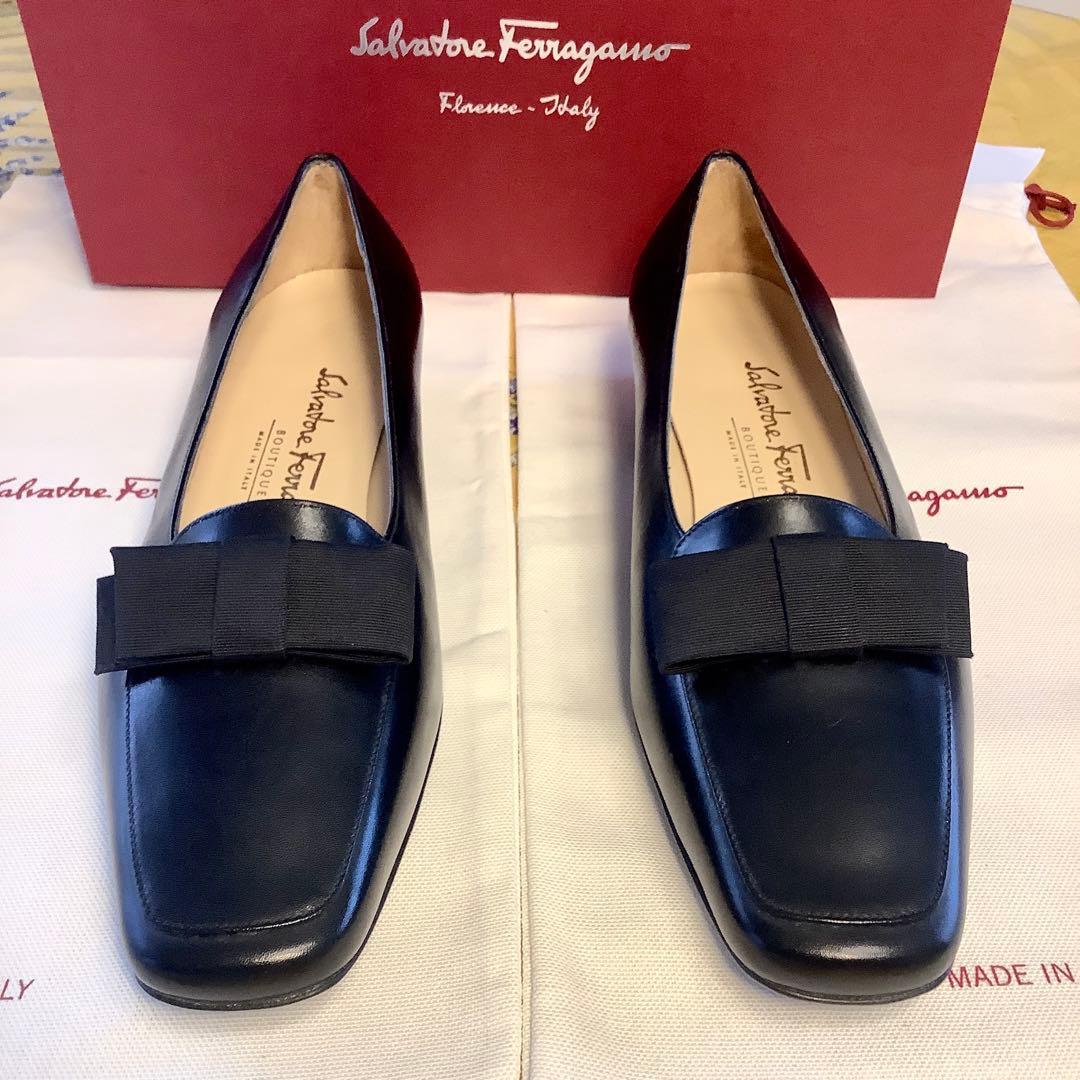新品! フェラガモ リボンバレリーナ ブラック 極上カーフ 23.5㎝