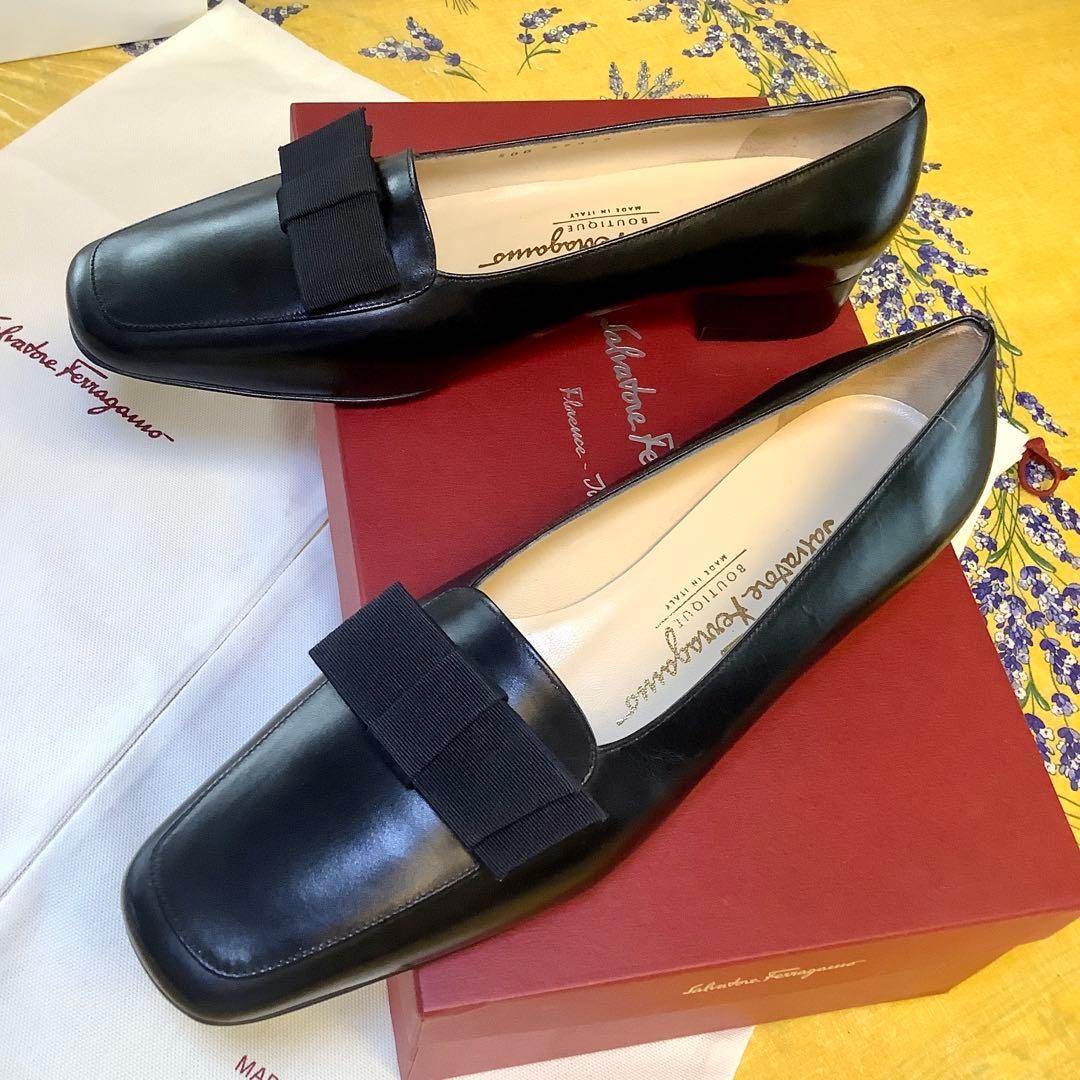 新品! フェラガモ リボンバレリーナ ブラック 極上カーフ 23.5㎝