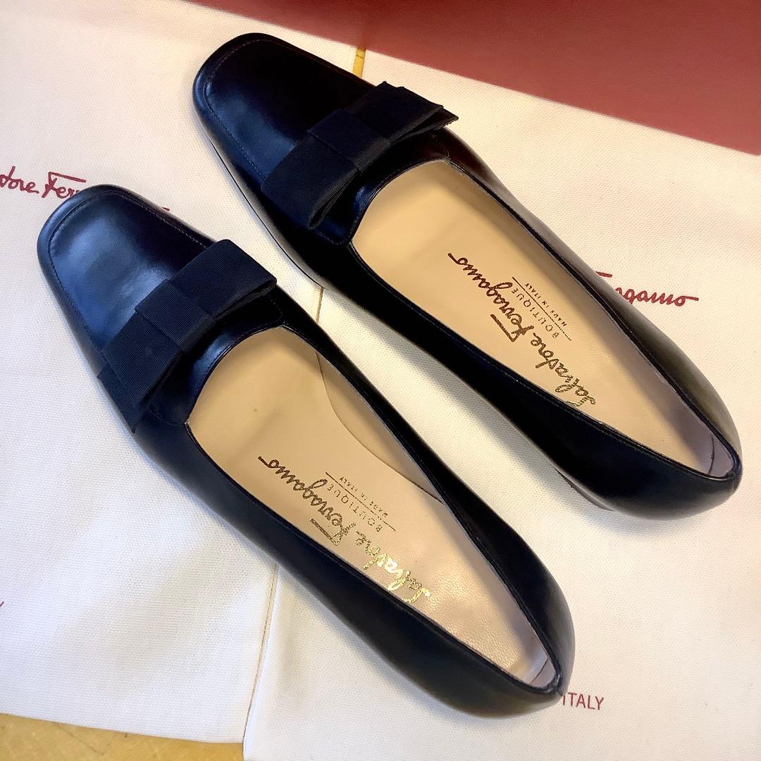 新品! フェラガモ リボンバレリーナ ブラック 極上カーフ 23.5㎝