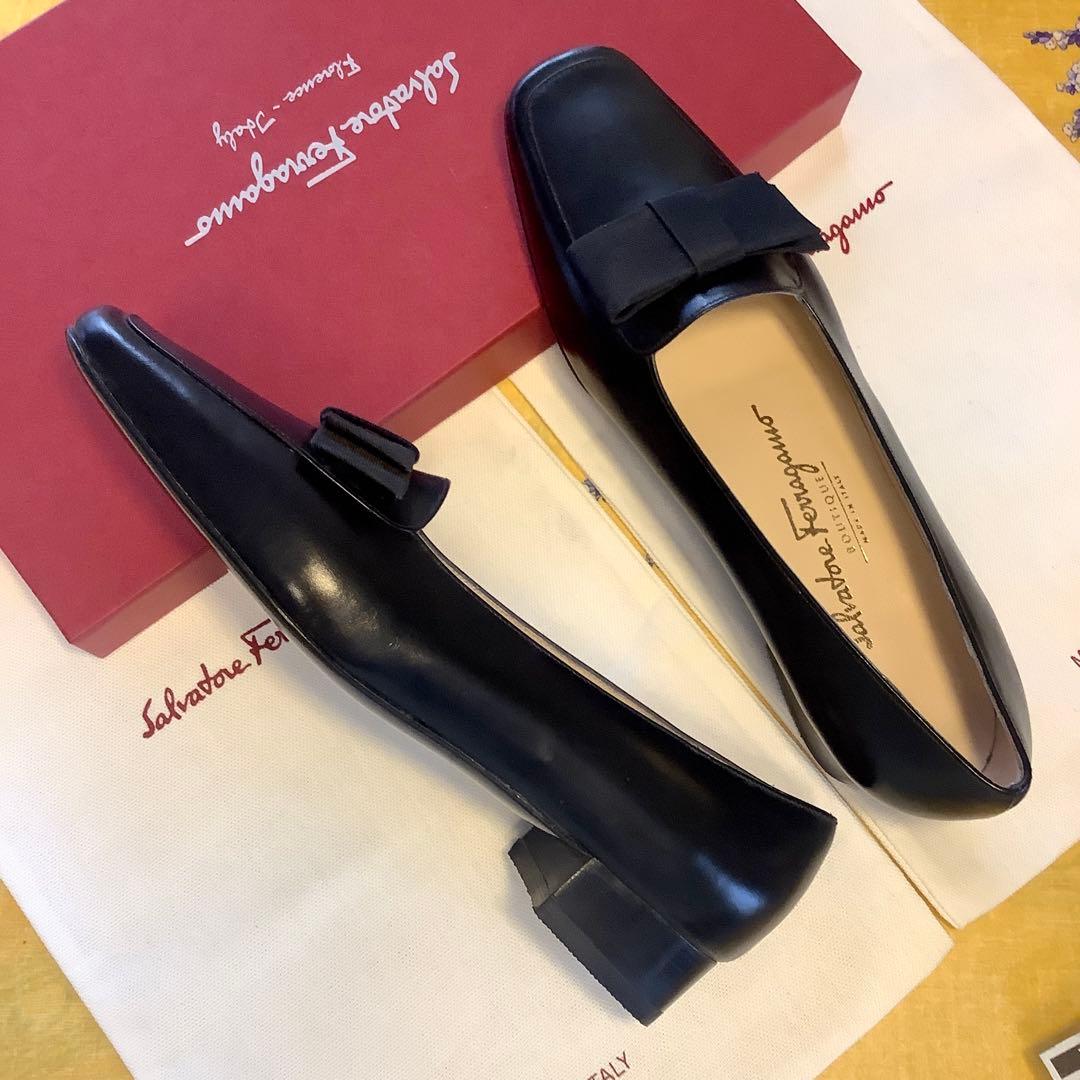 新品! フェラガモ リボンバレリーナ ブラック 極上カーフ 23.5㎝