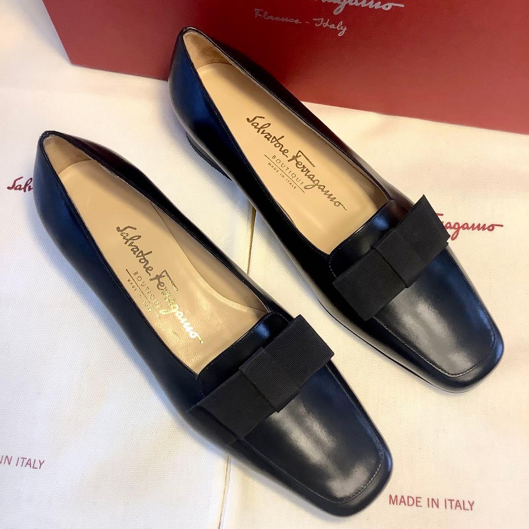 新品! フェラガモ リボンバレリーナ ブラック 極上カーフ 23.5㎝