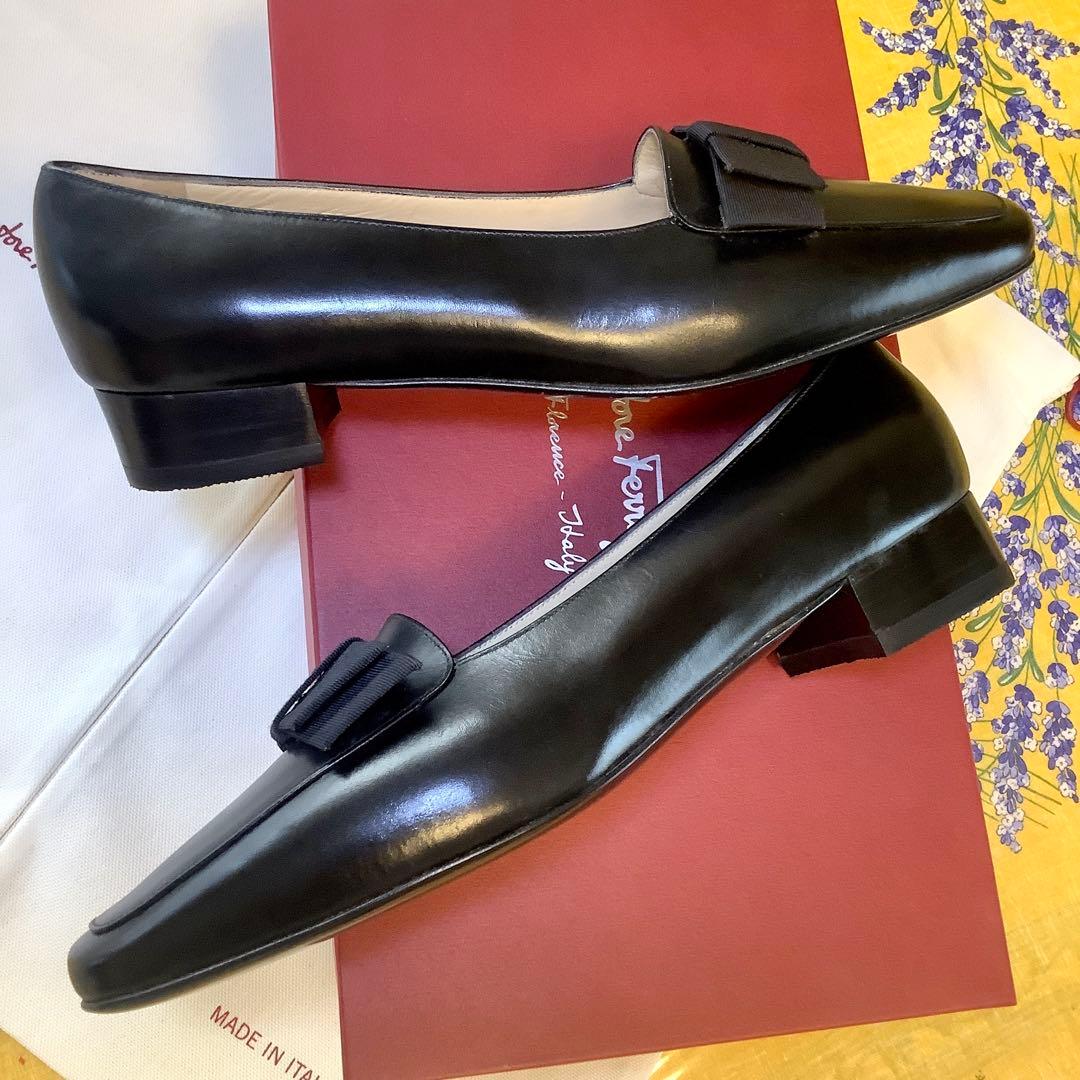 新品! フェラガモ リボンバレリーナ ブラック 極上カーフ 23.5㎝