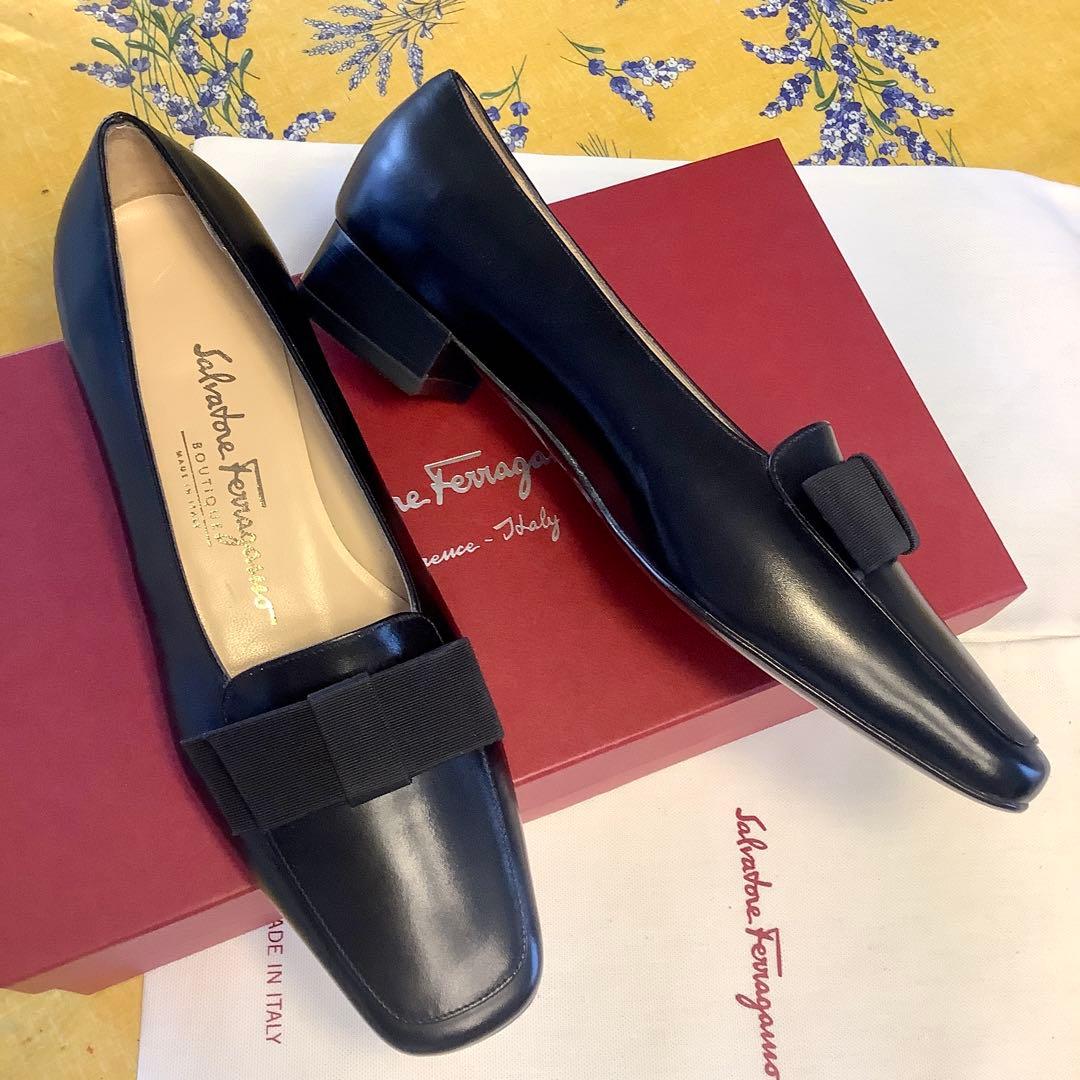 新品! フェラガモ リボンバレリーナ ブラック 極上カーフ 23.5㎝