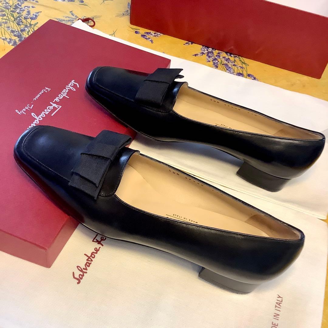 新品! フェラガモ リボンバレリーナ ブラック 極上カーフ 23.5㎝