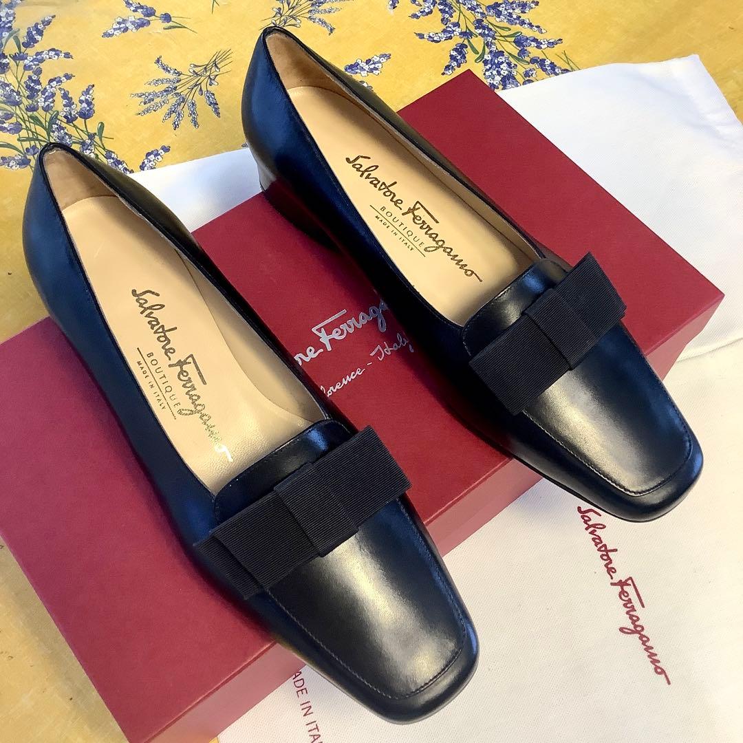 新品! フェラガモ リボンバレリーナ ブラック 極上カーフ 23.5㎝