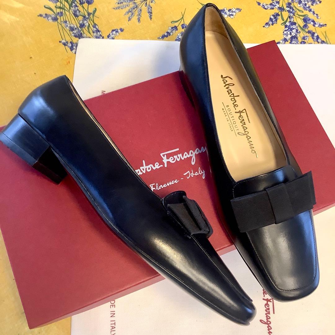 新品! フェラガモ リボンバレリーナ ブラック 極上カーフ 23.5㎝