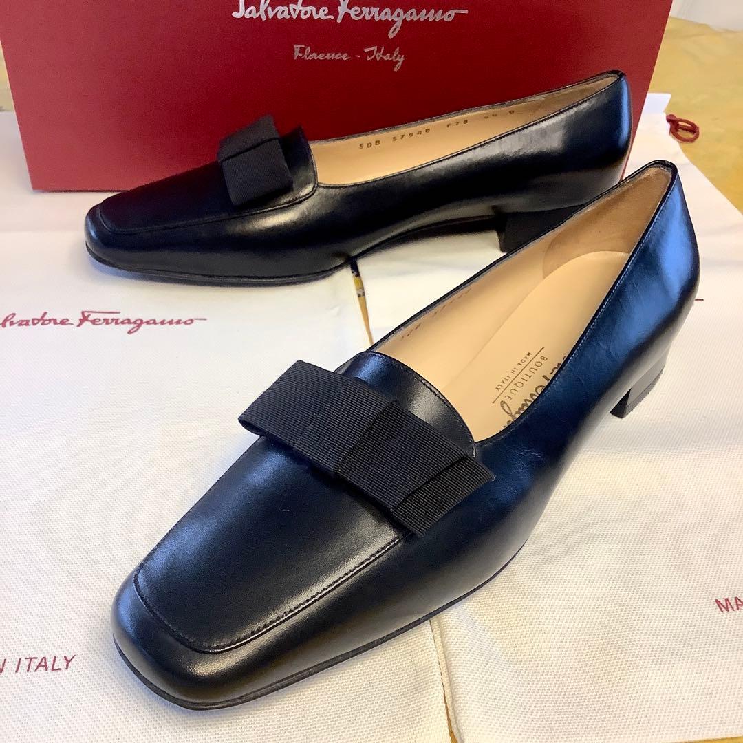 新品! フェラガモ リボンバレリーナ ブラック 極上カーフ 23.5㎝