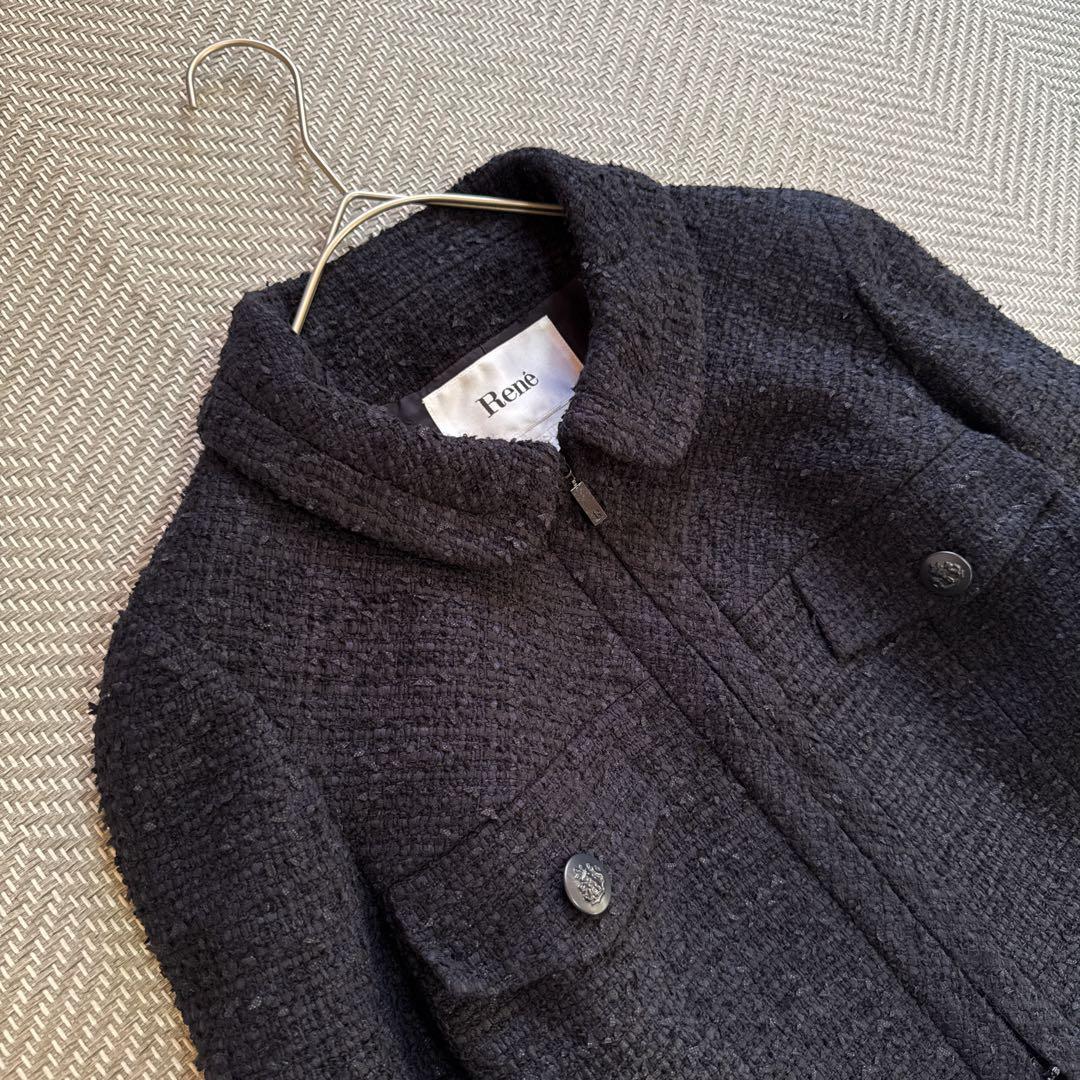 極美品 Rene ツイードジャケット フレアスリーブ ネイビー TISSUE