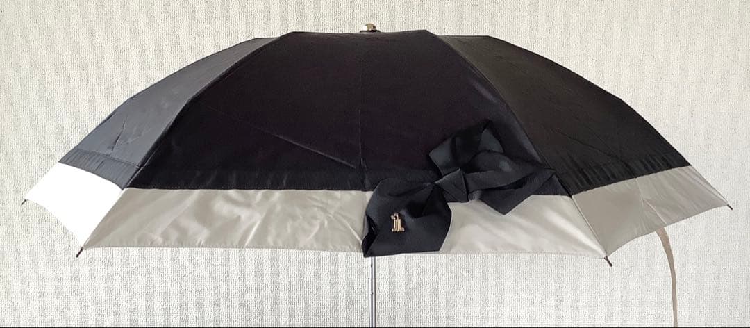新品★ランバンオンブルー★ビジューリボン晴雨兼用 折りたたみ日傘 雨傘★ブラック