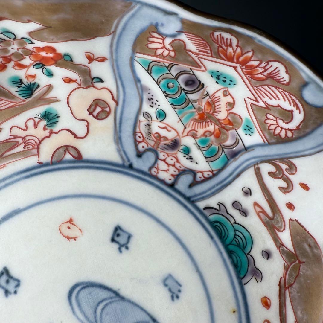 古伊万里　色絵千鳥文膾皿　12客　松　梅　蝶　魚　鹿の目　金蘭手　直径15cm