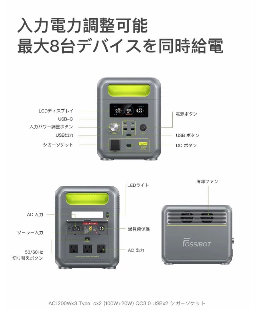 「キャンプ・防災」FOSSIBOT ポータブル電源 1200W
