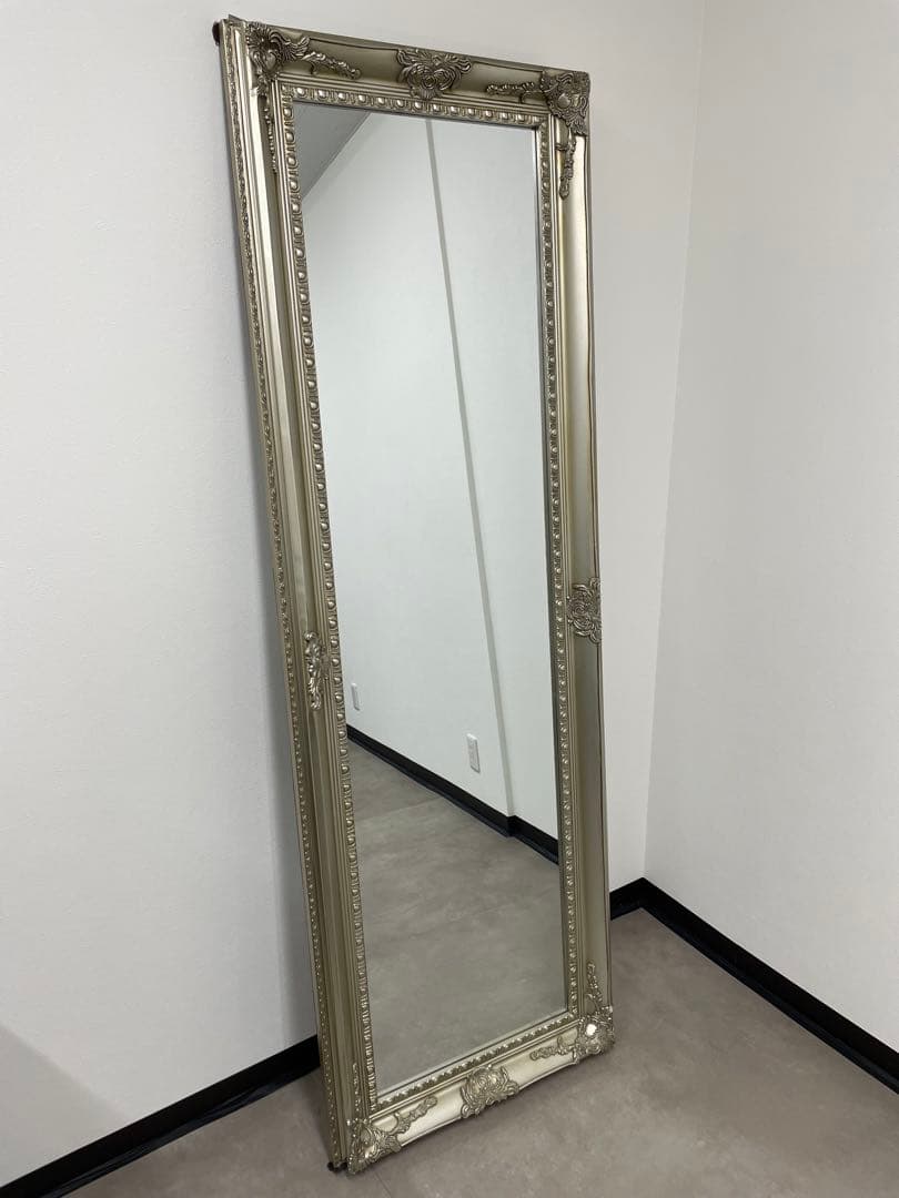 【アンティーク】鏡 姿見 全身鏡 ミラー 彫刻 ロココ シャンパンゴールド