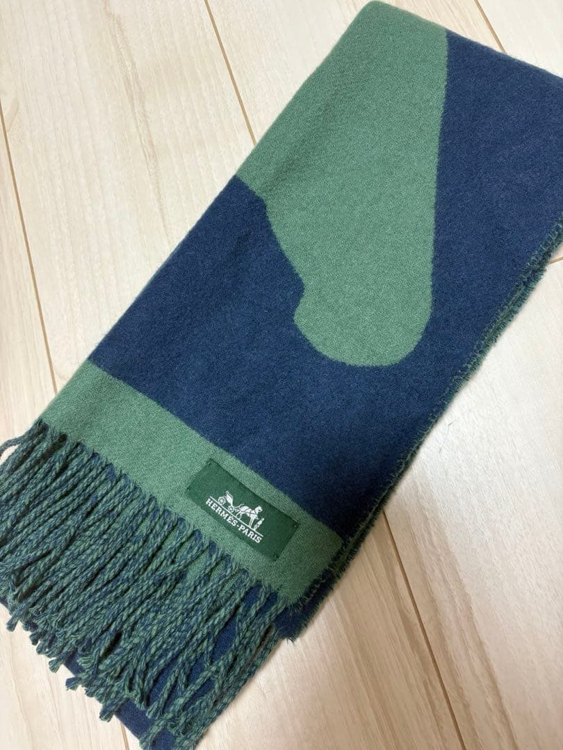 HERMES 馬シルエット マフラー グリーン/ネイビー