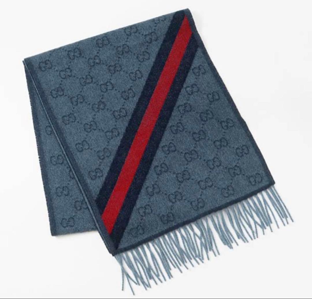 『新品タグ付き』GUCCI GGパターン マフラー グレー/ネイビー/レッド