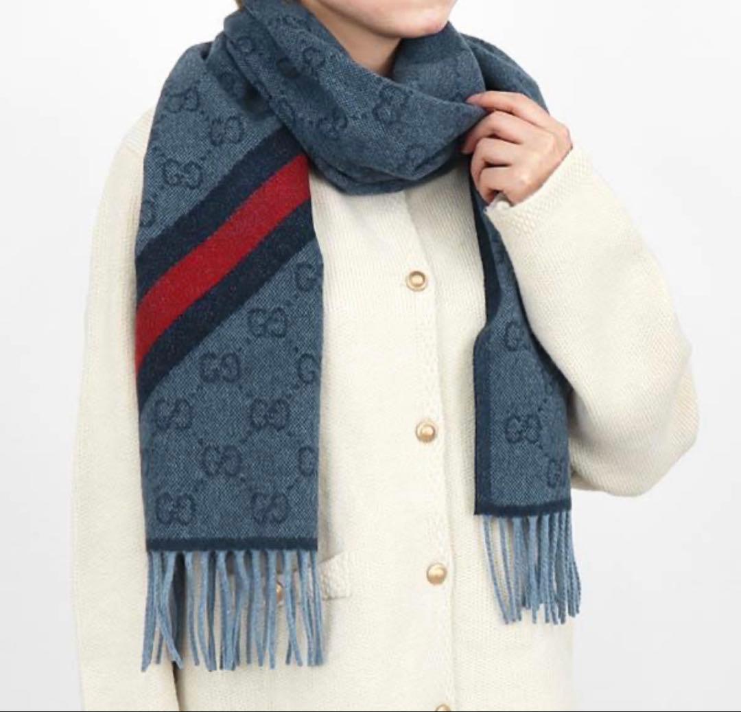『新品タグ付き』GUCCI GGパターン マフラー グレー/ネイビー/レッド